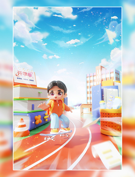 开学季3D立体校园通道滑板男孩学生人物书本文具开学场景