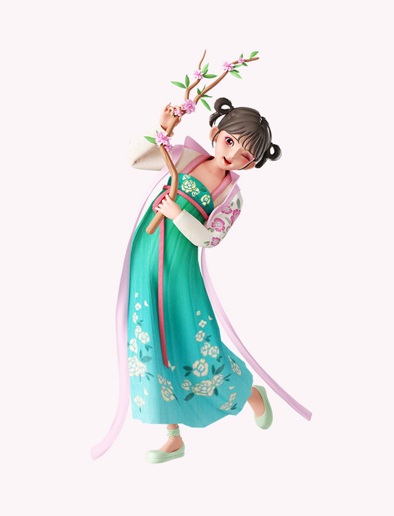 38妇女节古风汉服女孩3D立体人物手拿花枝跳舞形象元素