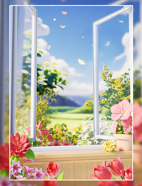 春季风景户外踏青3D花卉植物背景
