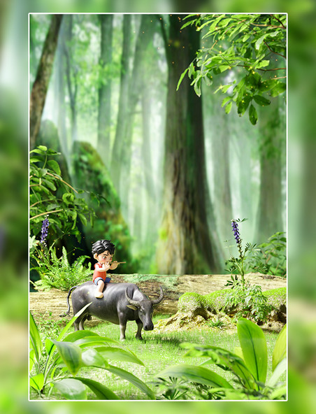 清明节3D立体户外牧童老牛草地植物节日场景