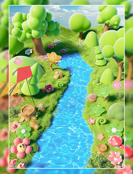 3D立体春季春天户外草地河流花朵绿色背景