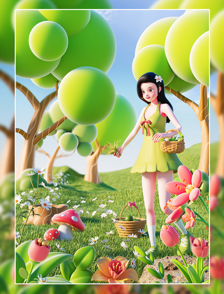 春天3D女孩户外踏青植物风景
