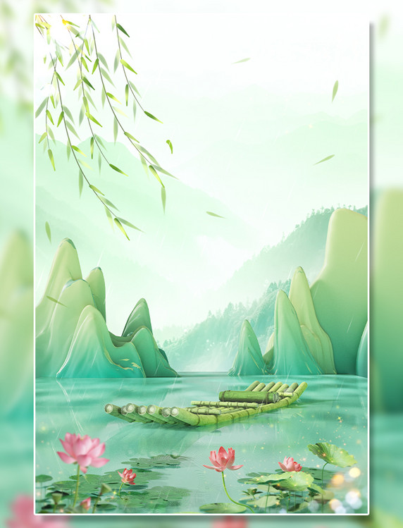 清明节中国风山水3D立体竹筏清明场景背景