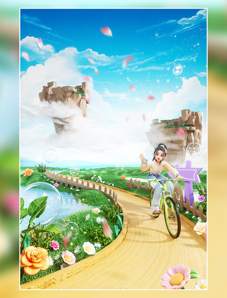 春季春天3D立体空中漂浮展台户外人物骑行踏青场景