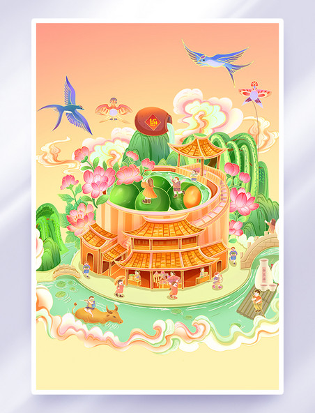 手绘国潮风清明节清明美食创意插画