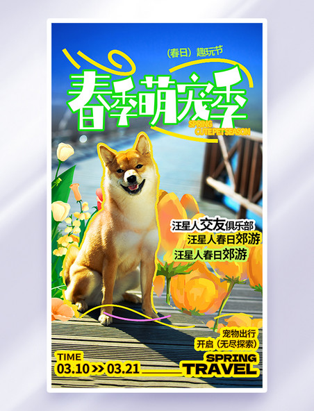 黄色手绘风春季萌宠季可爱柴犬海报