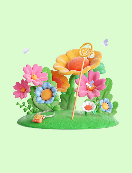 3D春天花朵植物踏青旅游3D元素
