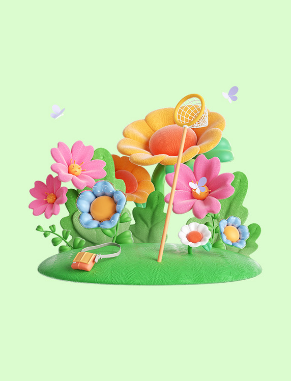 3D春天花朵植物踏青旅游3D元素