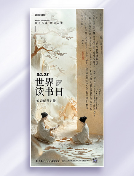 世界读书日阅读问候祝福米色AIGC全屏海报