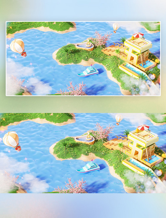 五一劳动节草地气球船蓝色C4D3D立体背景
