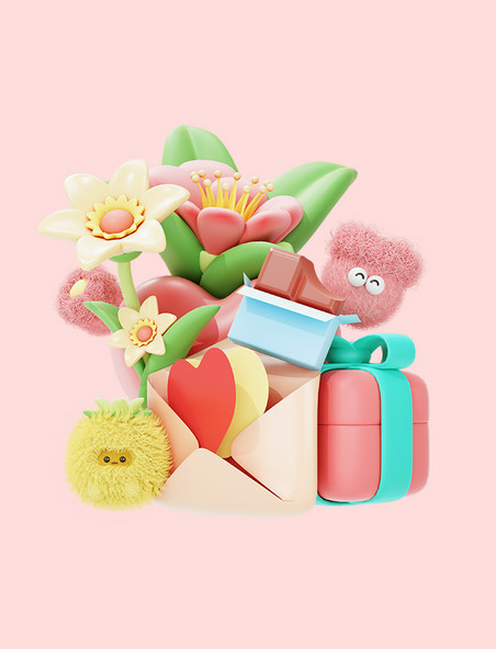 绒毛风格花朵礼物盒子3d元素