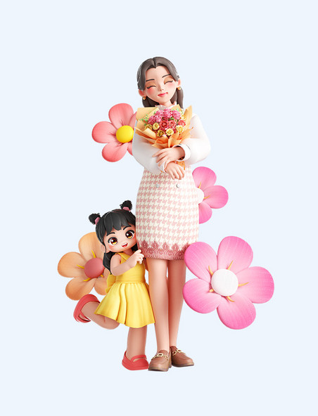 母亲节3D立体妈妈抱鲜花开心温馨形象
