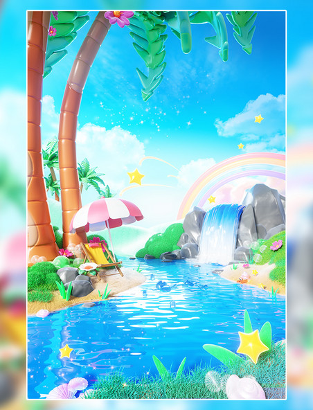 夏季夏天3D立体度假休闲清凉电商场景