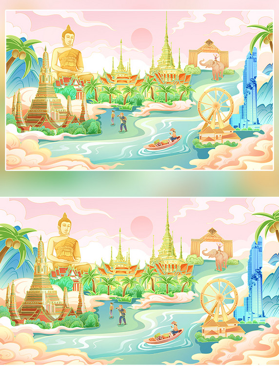 手绘国潮风泰国地标建筑旅游插画