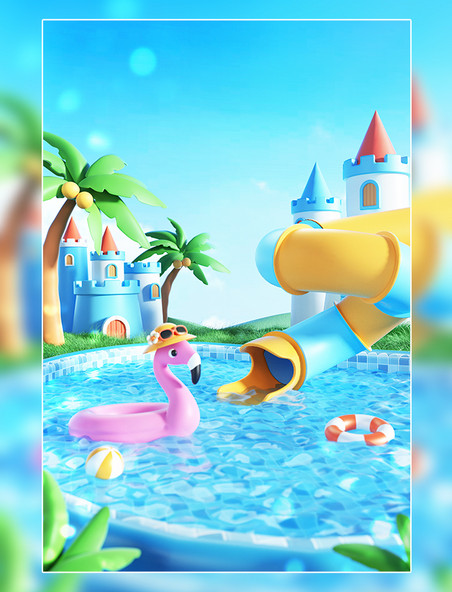 3D立体卡通夏天夏日泳池水上乐园场景