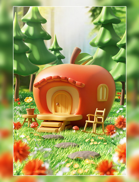 3D立体创意夏日森林童话苹果屋场景3D场景