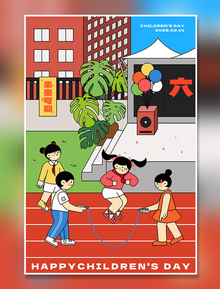 扁平风六一儿童节学校游园活动主题插画之跳长绳