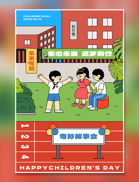 扁平风六一儿童节学校游园活动主题插画之讲故事
