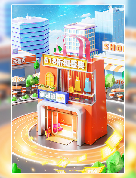 618电商促销3D立体城市街道购物场景