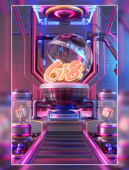 618电商3D立体科技感赛博朋克风促销展台场景