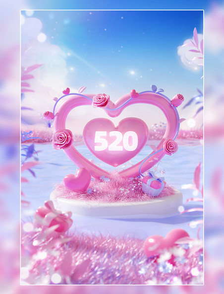 3D立体情人节520促销电商场景
