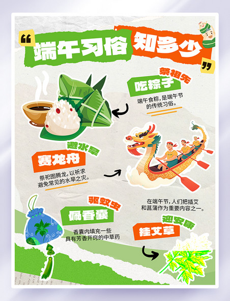 绿色撕纸风端午节习俗知识小红书配图