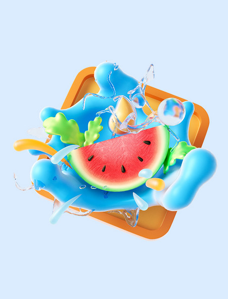 夏季夏天3D立体冰镇西瓜电商装饰元素