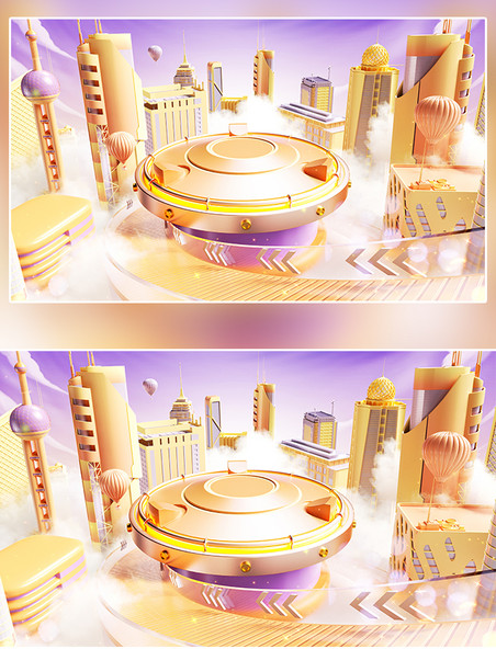 立体618大促建筑展台金色C4D电商背景