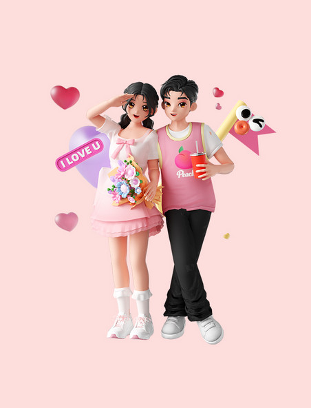 电商3D立体情人节情侣人物3D人物