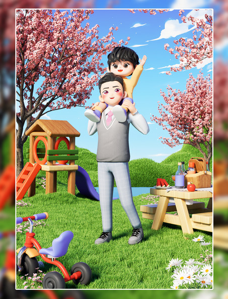 c4d卡通立体父亲节父子野外郊游互动3D场景