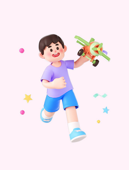 3d立体儿童节飞机小孩免抠元素
