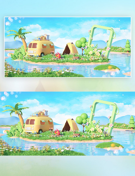 暑假旅游露营郊游汽车蓝色C4D3D立体背景