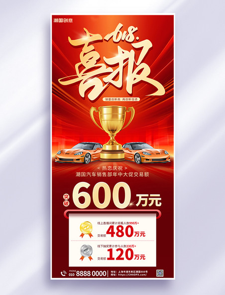 618大促销售喜报汽车奖杯红色渐变海报