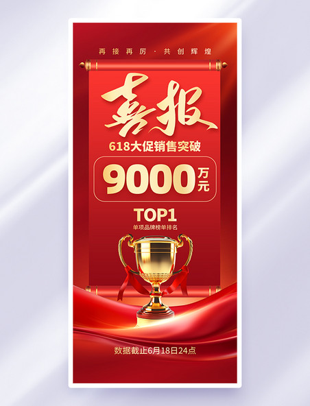 红色喜庆618喜报销售奖杯手机海报