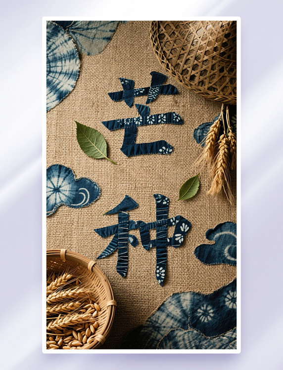 二十四节气芒种蓝印花布拼贴海报