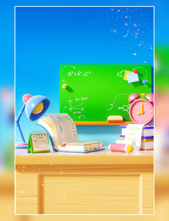 开学季3D立体学习桌文具教育培训场景