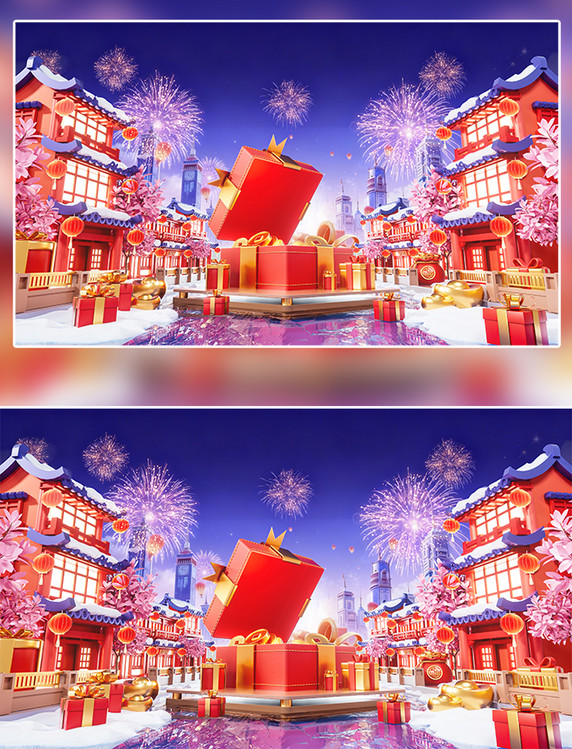 2026马年春节年货节街道3D立体礼盒展台电商场景