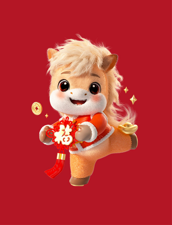 2026马年春节毛绒小马手捧中国结拜年