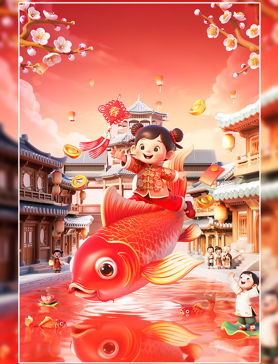 马年新年春节3D红色锦鲤送福场景