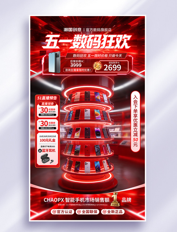 51五一劳动节数码促销红色霓虹直播间背景