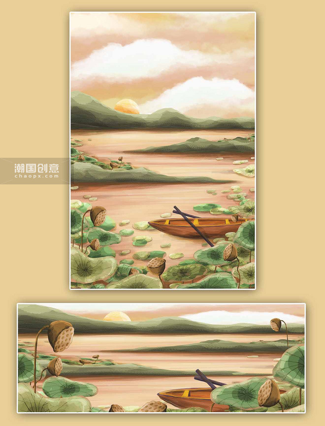 处暑二十四节气荷花荷塘渔船远景插画背景图片 潮国创意 处暑二十四节气荷花荷塘渔船远景插画背景图片 潮国创意