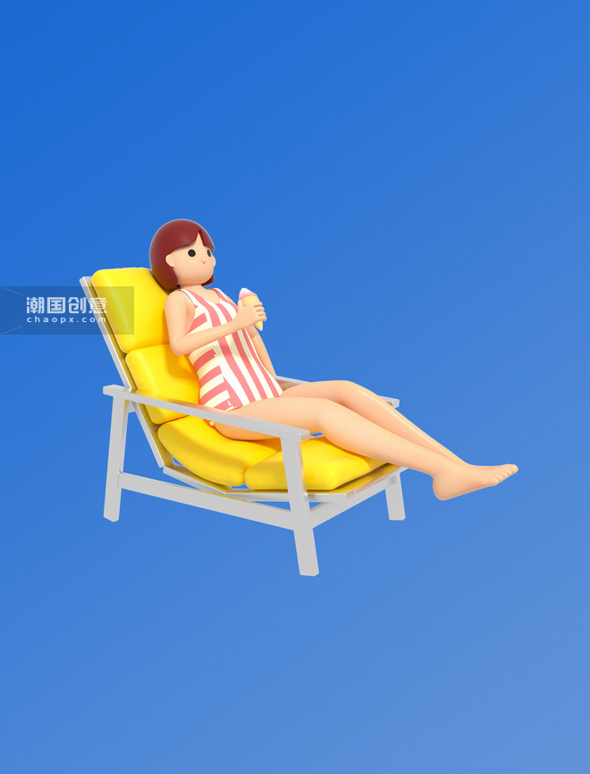 3D立体夏天海边沙滩躺椅吃冰淇淋少女图片_潮国创意