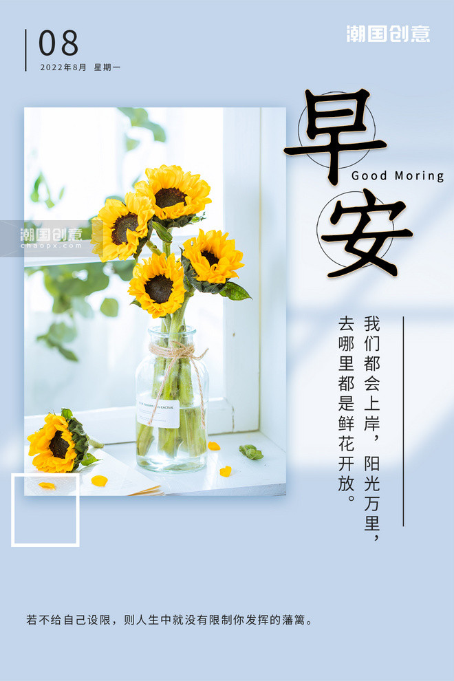 早安问候日签向日葵花瓶蓝色清新摄影图海报图片 潮国创意