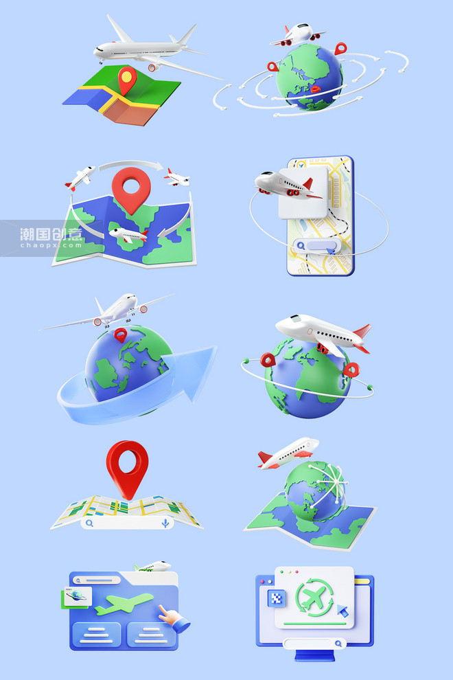 c4d地图全球化图标元素旅游地图行程机票旅行地图导航3D图片_潮国创意