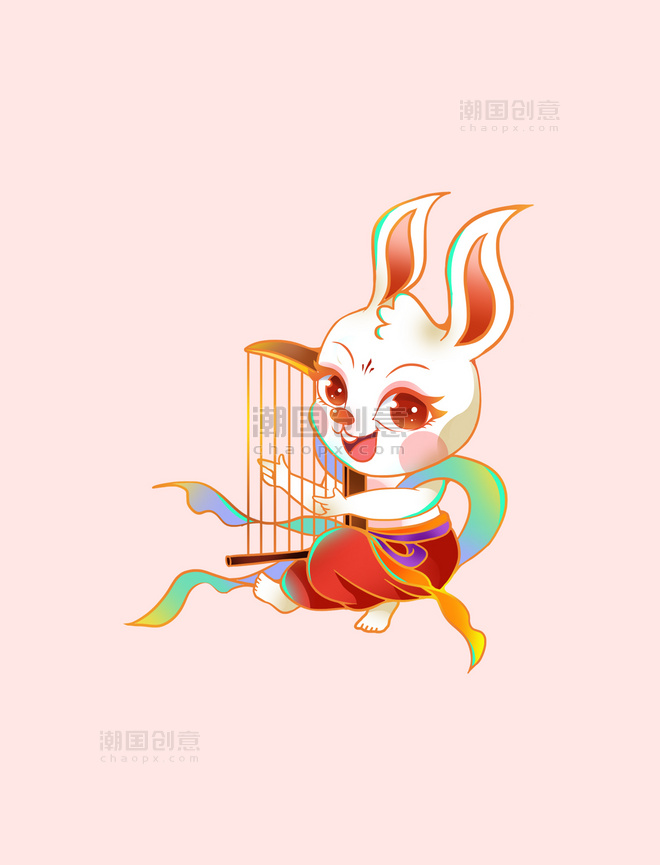 兔年新年新春兔子古风弹竖琴