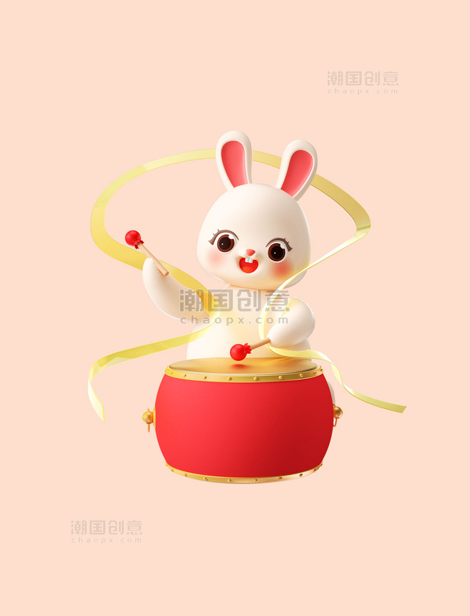 兔年新年春节3D立体卡通可爱兔子打鼓IP形象