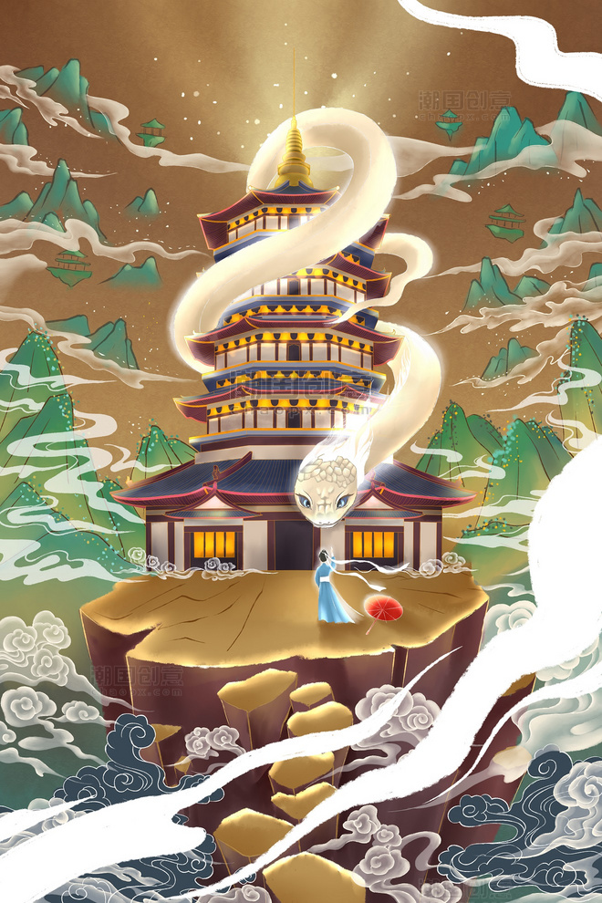 四大传说之白蛇传国潮复古手绘插画中国风背景