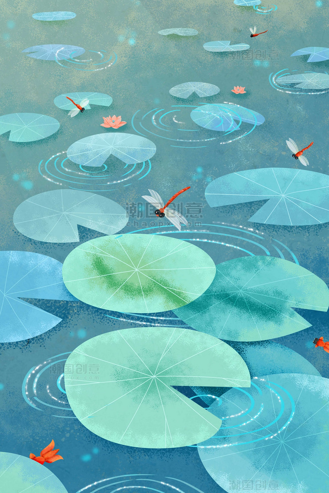 夏日夏景荷叶荷花蜻蜓水纹插画池塘手绘