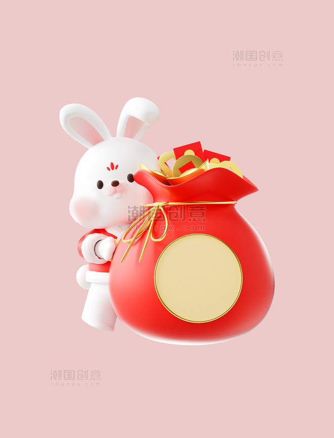 3d新年新春春节兔年卡通可爱兔子萌兔钱袋