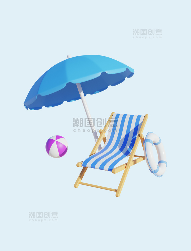 3D立体夏日沙滩遮阳伞躺椅装饰